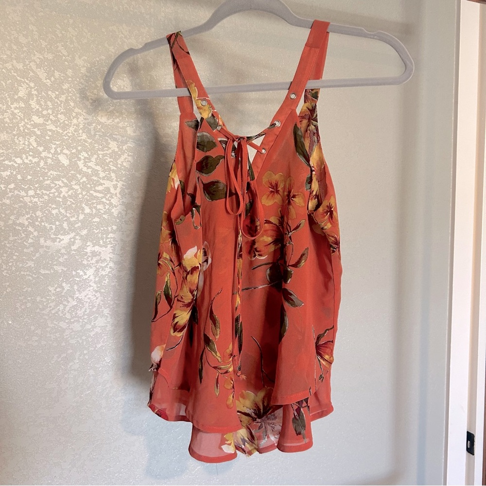 Women’s Floral Orange Chiffon Tank Top. Size Small.